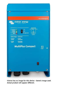 Front view of blue Victron MultiPlus Compact inverter charger with status LEDs and main power switch