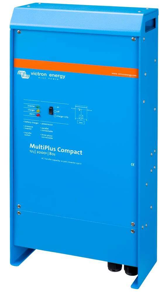Perspective view of the Victron MultiPlus Compact showing side panel and front face