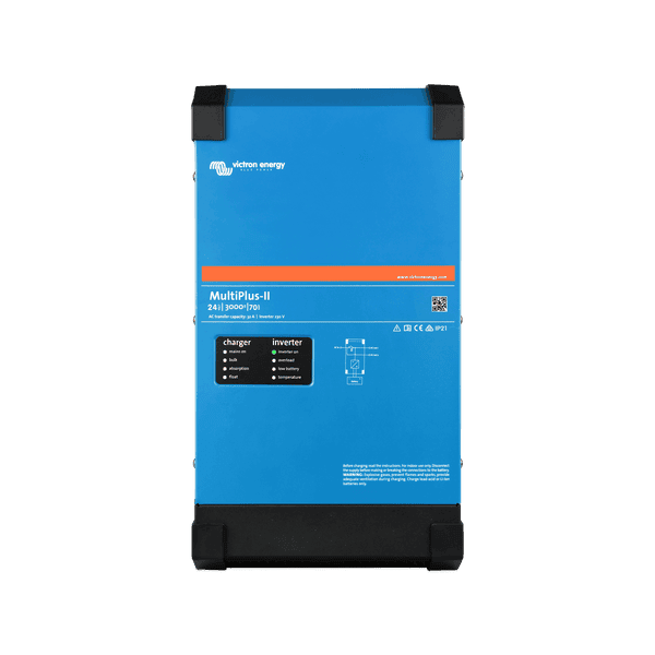 Front view of blue Victron MultiPlus-II 24V 3000VA inverter charger showing status LED indicator panel