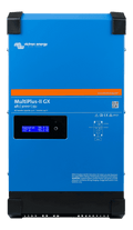 Front view of blue Victron MultiPlus-II GX 48V inverter charger with integrated LCD status display