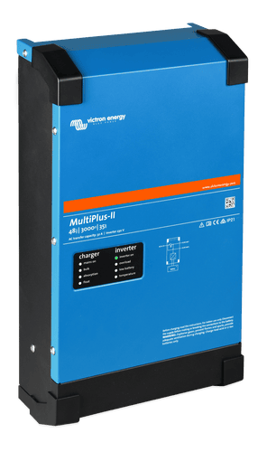 Side perspective of blue steel MultiPlus-II inverter showing mounting chassis