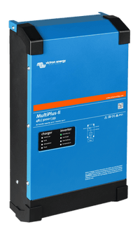 Side perspective of blue steel MultiPlus-II inverter showing mounting chassis