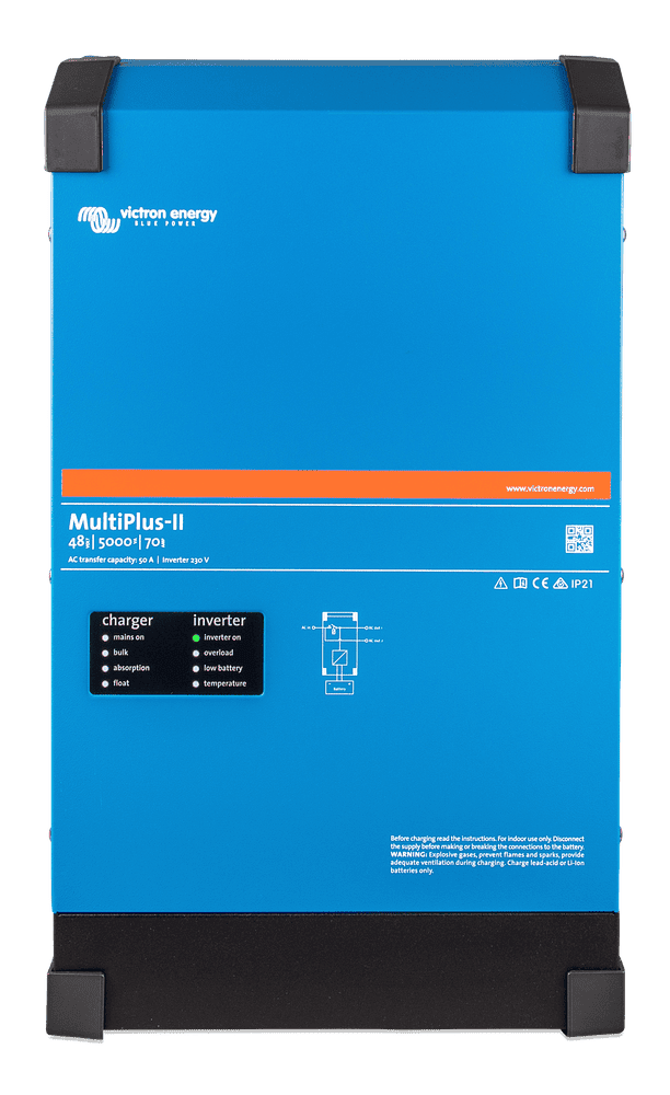 Front view of blue Victron MultiPlus-II 48V 5000VA inverter charger showing status LEDs