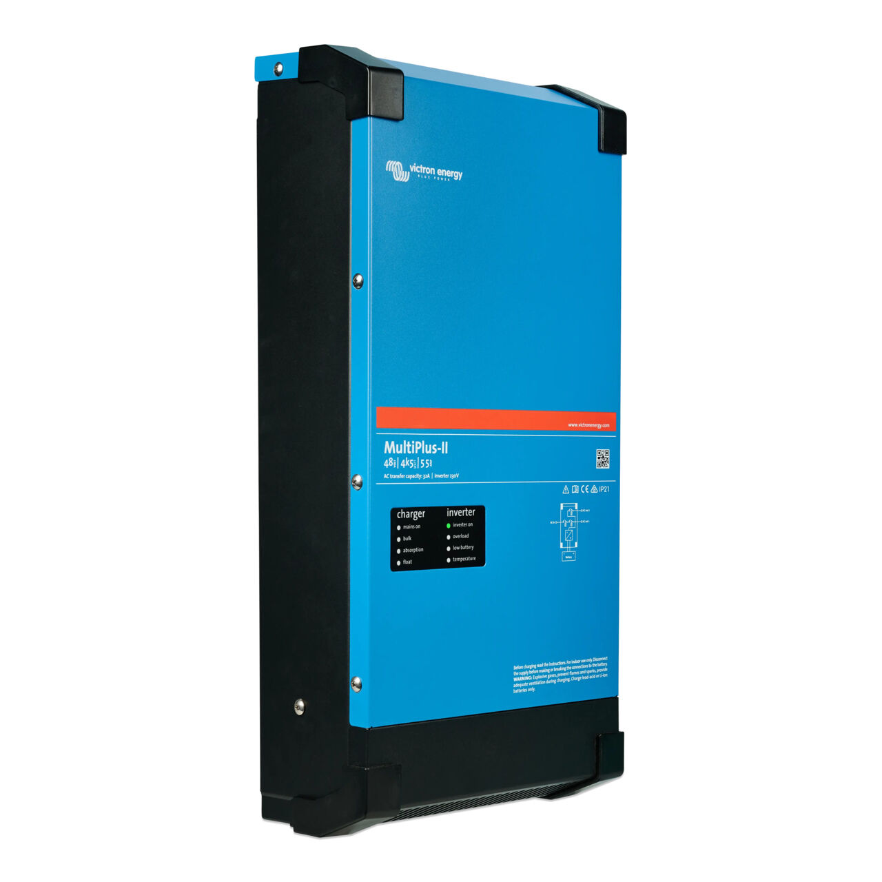 Perspective view showing the slim steel enclosure of the MultiPlus-II