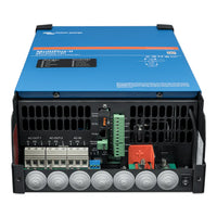 Internal view of MultiPlus-II connection compartment showing AC terminals, DC bolts, and communication ports