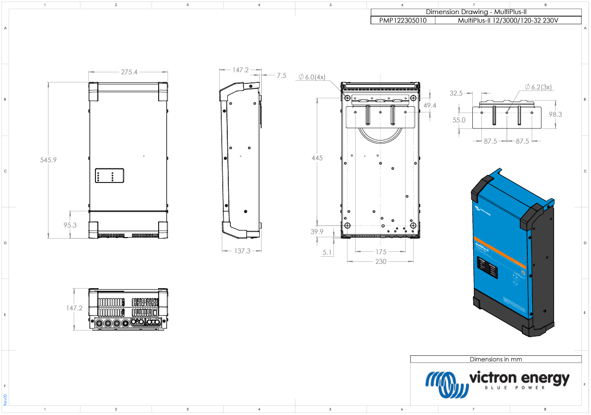 Engineering dimensional drawing of MultiPlus-II showing height, width, and depth in millimetres