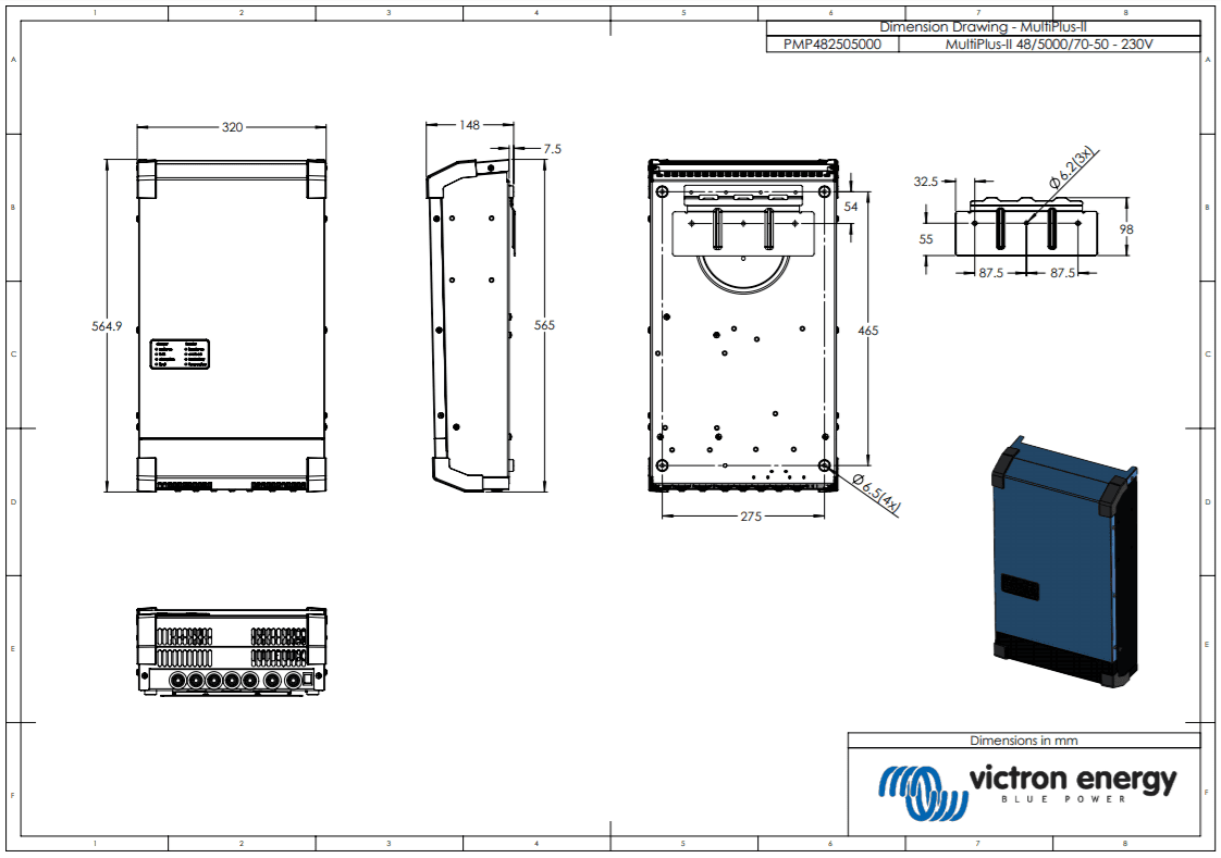 Technical dimensional drawing of the Victron MultiPlus-II showing enclosure measurements in millimetres