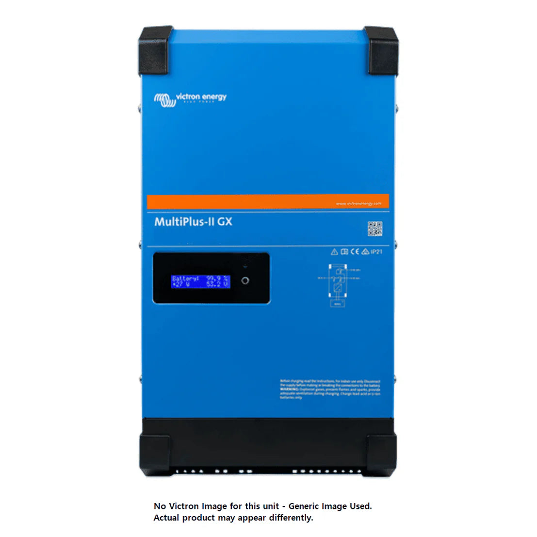 Front view of Victron MultiPlus-II GX inverter charger with LCD status display