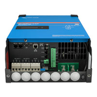 Bottom panel of MultiPlus-II GX showing AC terminals, communication ports, and battery connection bolts
