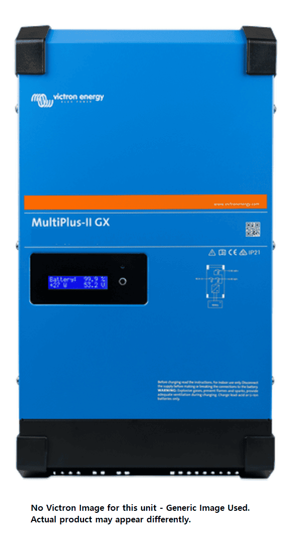 Front view of blue steel MultiPlus-II GX inverter charger with digital status display