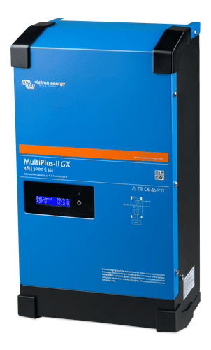 Right perspective view of the Victron MultiPlus-II GX 48V inverter charger in a blue steel enclosure