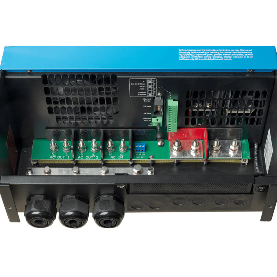 Internal view of AC and DC connection terminals and communication ports