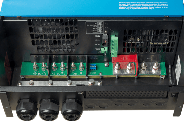 Internal view of AC and DC connection terminals and communication ports