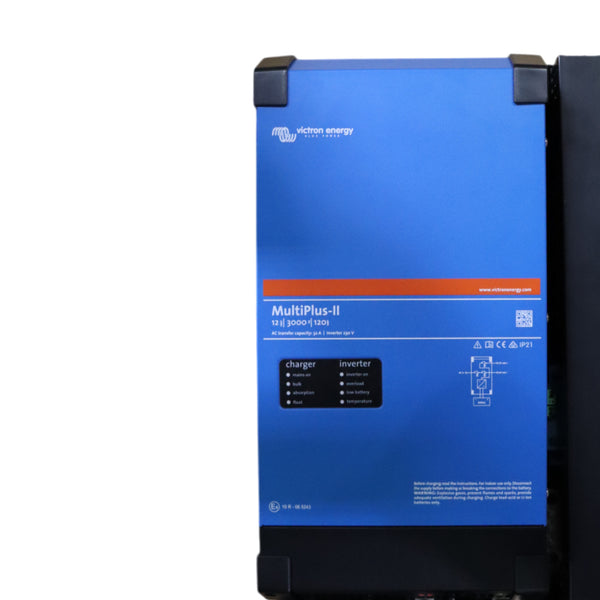 Close-up of Victron MultiPlus-II 12V 3000VA inverter charger blue casing and LED panel