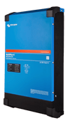 Left perspective view of the blue steel enclosure of a Victron MultiPlus-II inverter charger