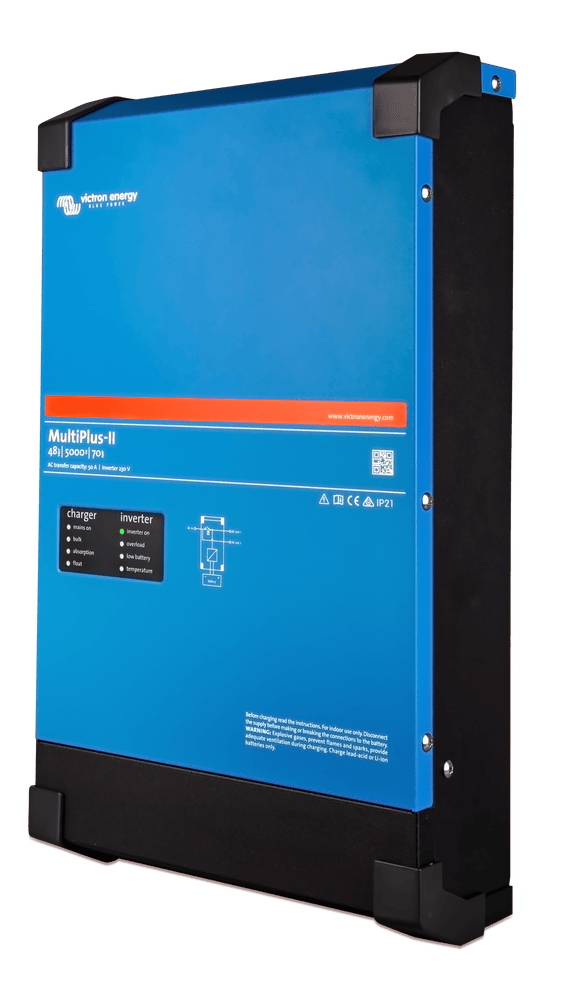 Left perspective view of the blue steel enclosure of a Victron MultiPlus-II inverter charger