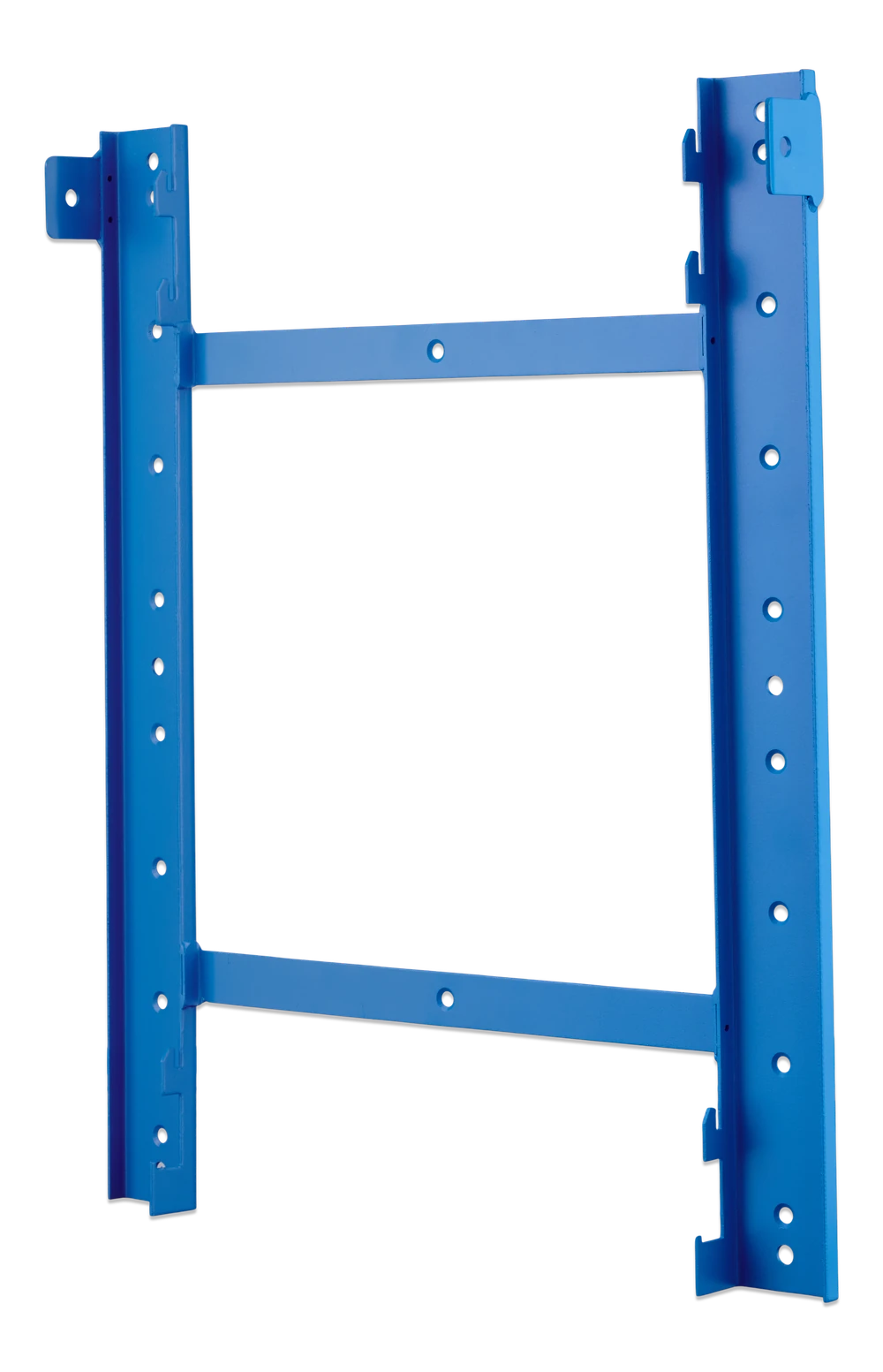 Side perspective of the blue wall mounting frame with hooks and mounting holes