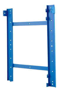 Side perspective of the blue wall mounting frame with hooks and mounting holes