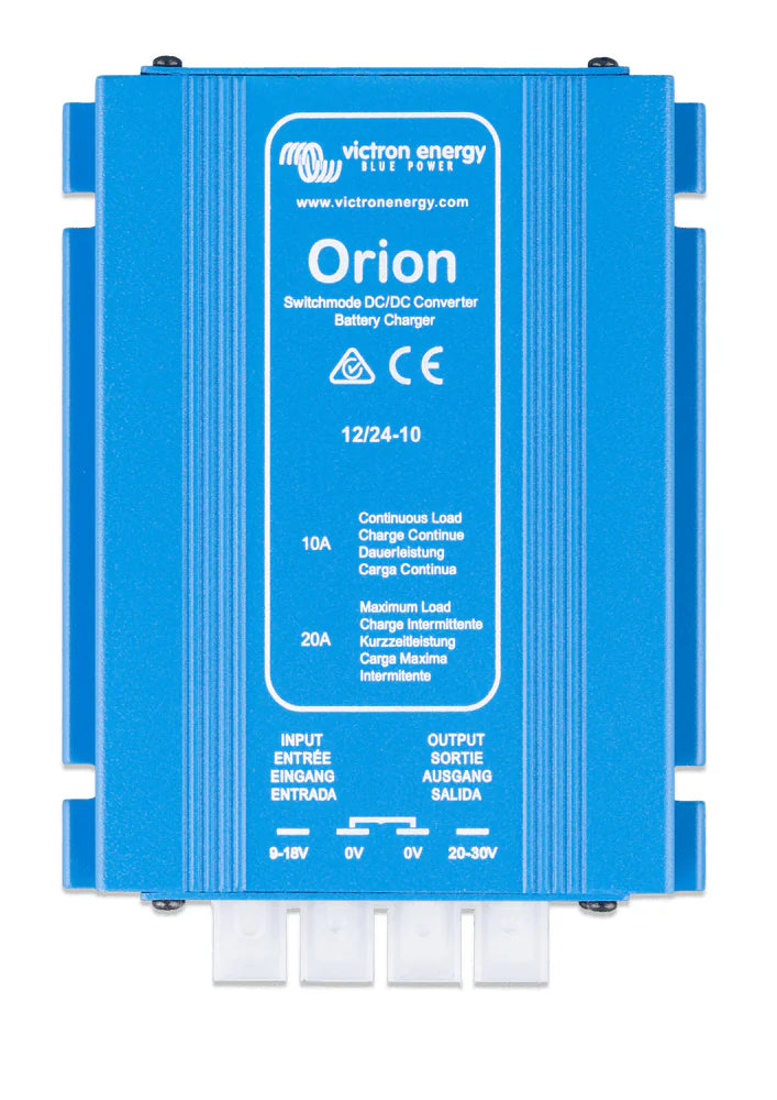 Top-down view of a blue Victron Orion 12V to 24V 10A DC-DC converter showing connection labels