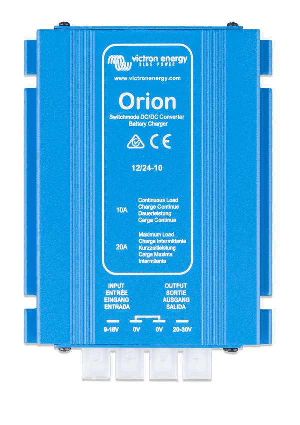 Top-down view of a blue Victron Orion 12V to 24V 10A DC-DC converter showing connection labels