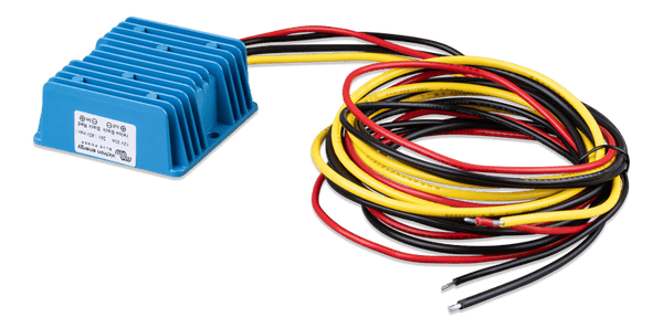 Angled view of the blue Orion 24/12-20 non-isolated DC-DC converter showing wiring side