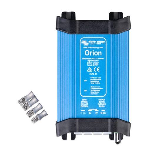 Top-down view of blue Victron Orion 24V to 12V 30A DC-DC converter with included crimp terminals