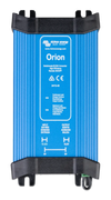 Top-down view of a blue Victron Orion 24V to 12V DC-DC converter with an aluminium heatsink casing