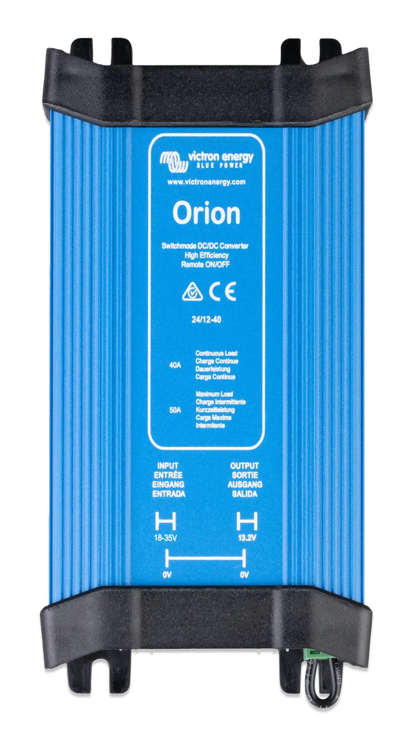 Top-down view of a blue Victron Orion 24V to 12V DC-DC converter with an aluminium heatsink casing