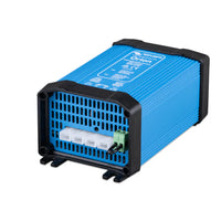 Side perspective of the blue anodised DC-DC converter showing external mounting points