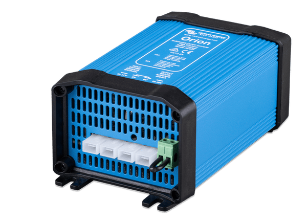 Side perspective of the blue anodised DC-DC converter showing external mounting points