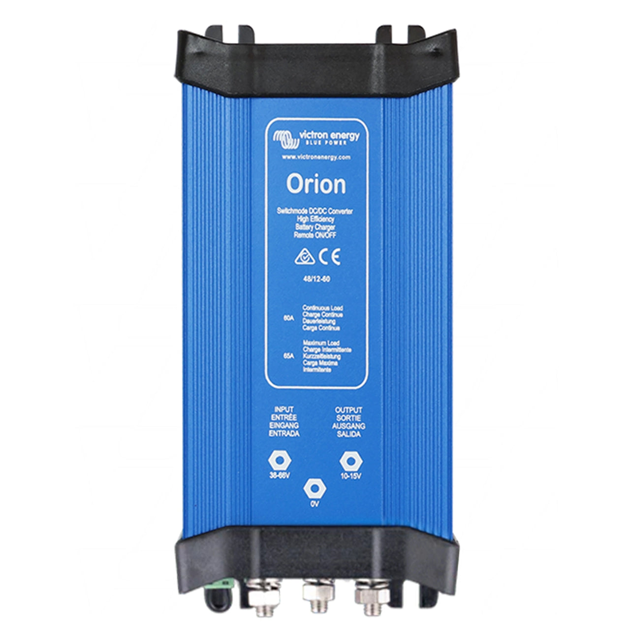 Front view of Victron Orion 48/12-60A DC-DC converter showing load ratings and blue aluminium chassis