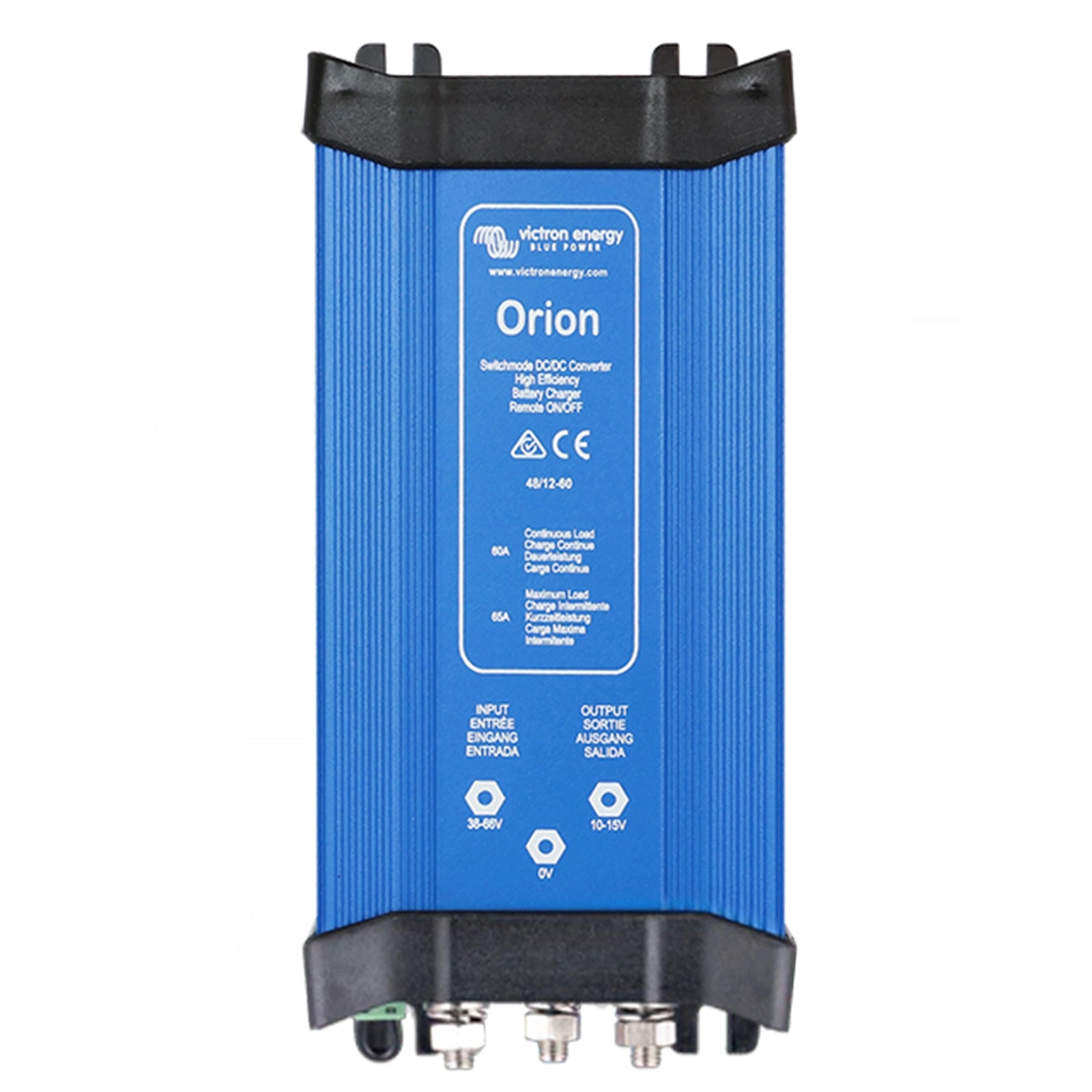 Front view of Victron Orion 48/12-60A DC-DC converter showing load ratings and blue aluminium chassis
