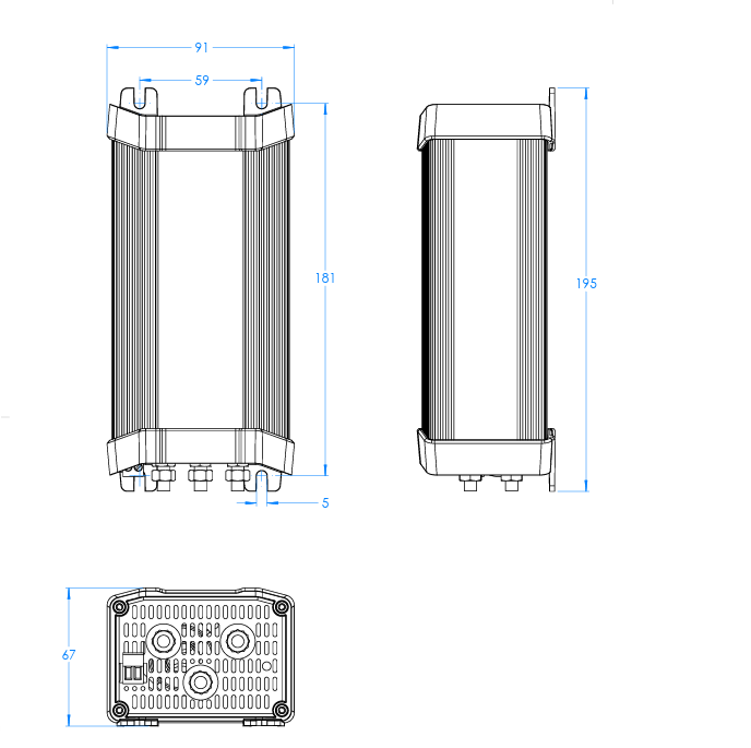Technical dimensional drawing of Victron Orion 48/12-60A converter with 195mm total height and 91mm width