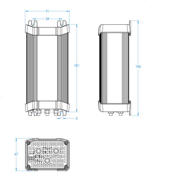 Technical dimensional drawing of Victron Orion 48/12-60A converter with 195mm total height and 91mm width