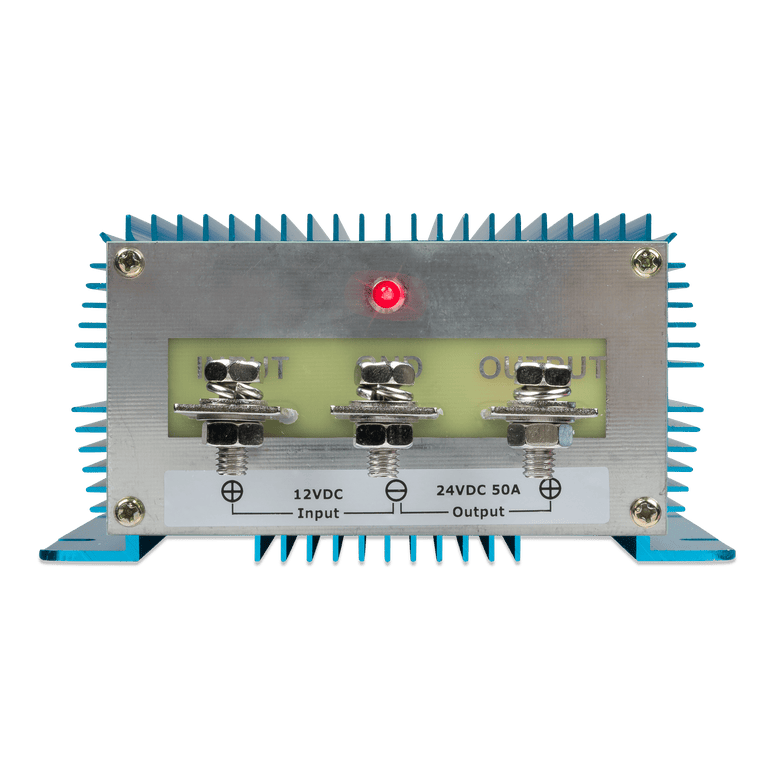 Detailed view of the terminal face of a 50A Victron Orion DC-DC converter