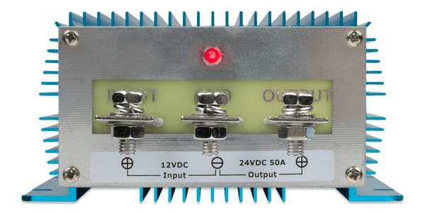 Detailed view of the terminal face of a 50A Victron Orion DC-DC converter
