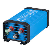 Angled perspective view of the blue Orion 24/12-70 DC-DC converter housing