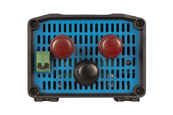 Front view of converter featuring red and black binding posts and remote on-off terminal block