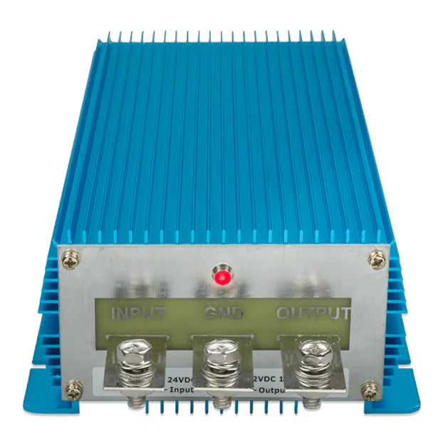 Front view of terminal plate showing input, ground and output labels on the DC-DC converter