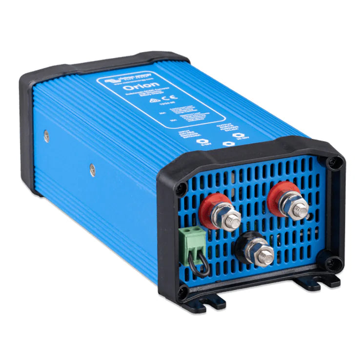 Right-side perspective of Victron Orion 12V to 24V DC-DC converter showing terminal access