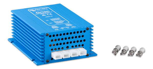 Side view showing cooling fins and mounting flange on the Orion DC-DC converter