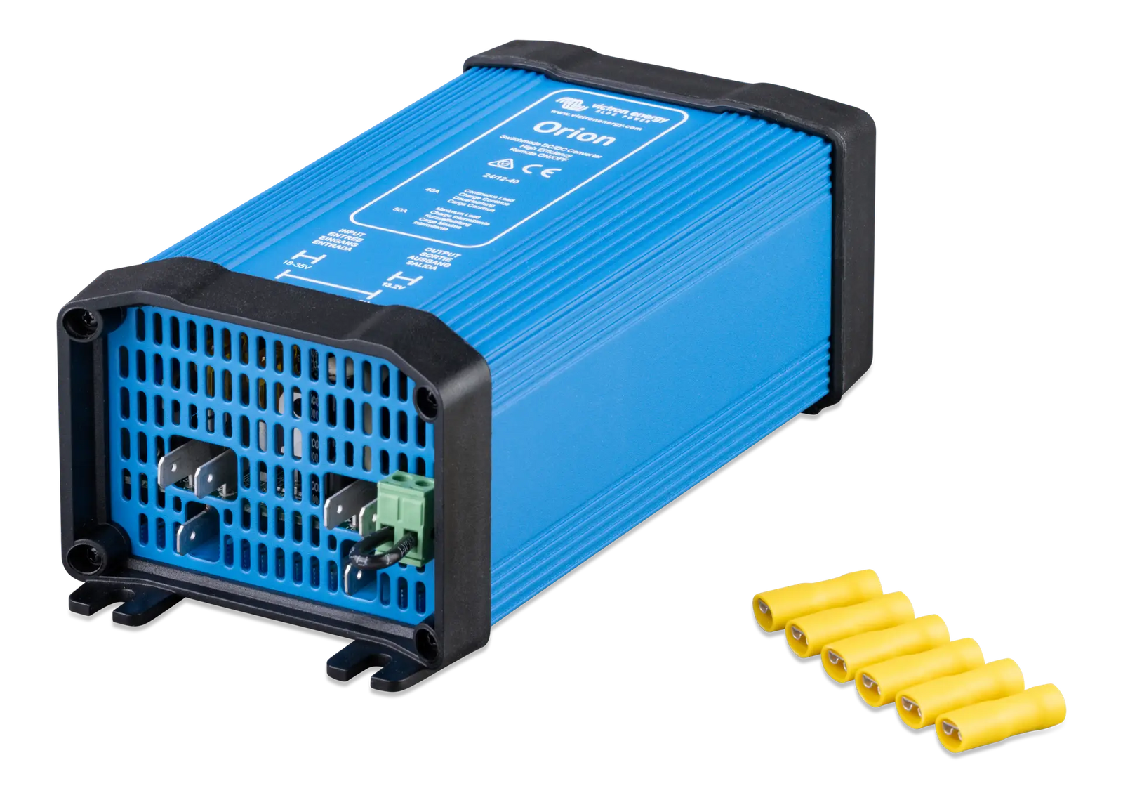 Angled front-left view of a blue Victron Orion DC-DC converter with included female Faston crimp connectors