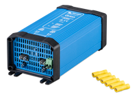Angled front-left view of a blue Victron Orion DC-DC converter with included female Faston crimp connectors