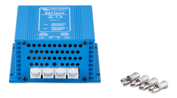 Front view of Victron Orion converter showing connection tabs and ventilation holes