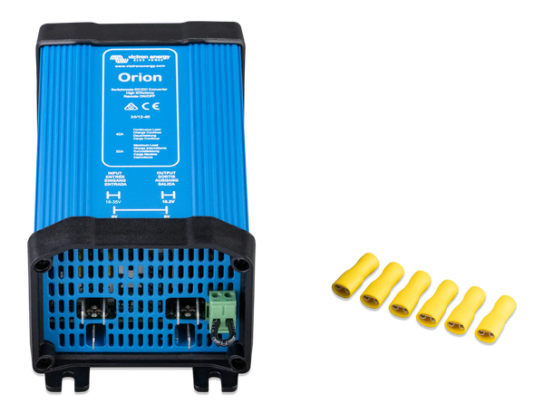 Front view of Victron Orion DC-DC converter showing cooling vents, Faston terminals, and yellow crimp connectors