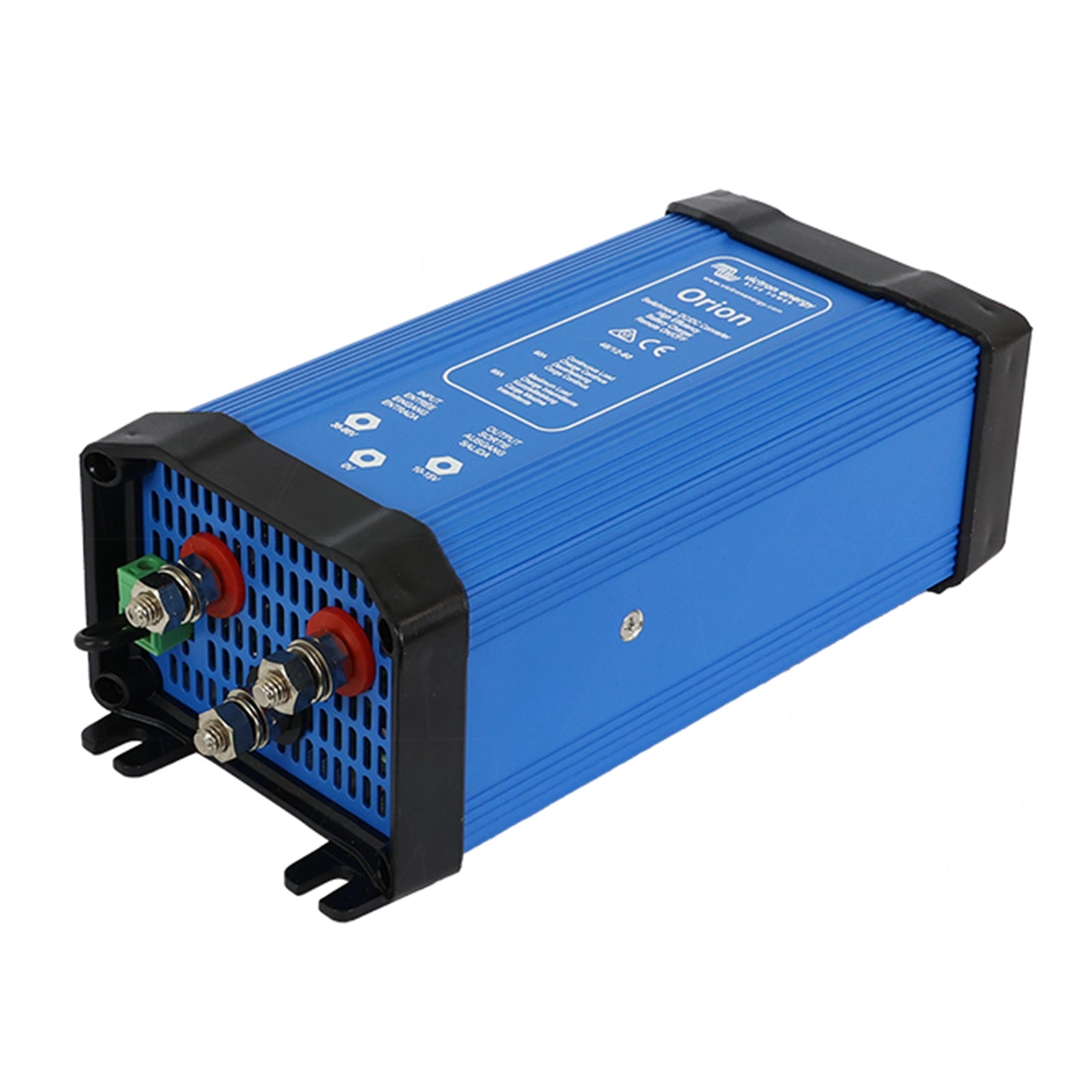 Terminal side of 60A DC-DC converter with heavy-duty threaded studs and green remote on-off port