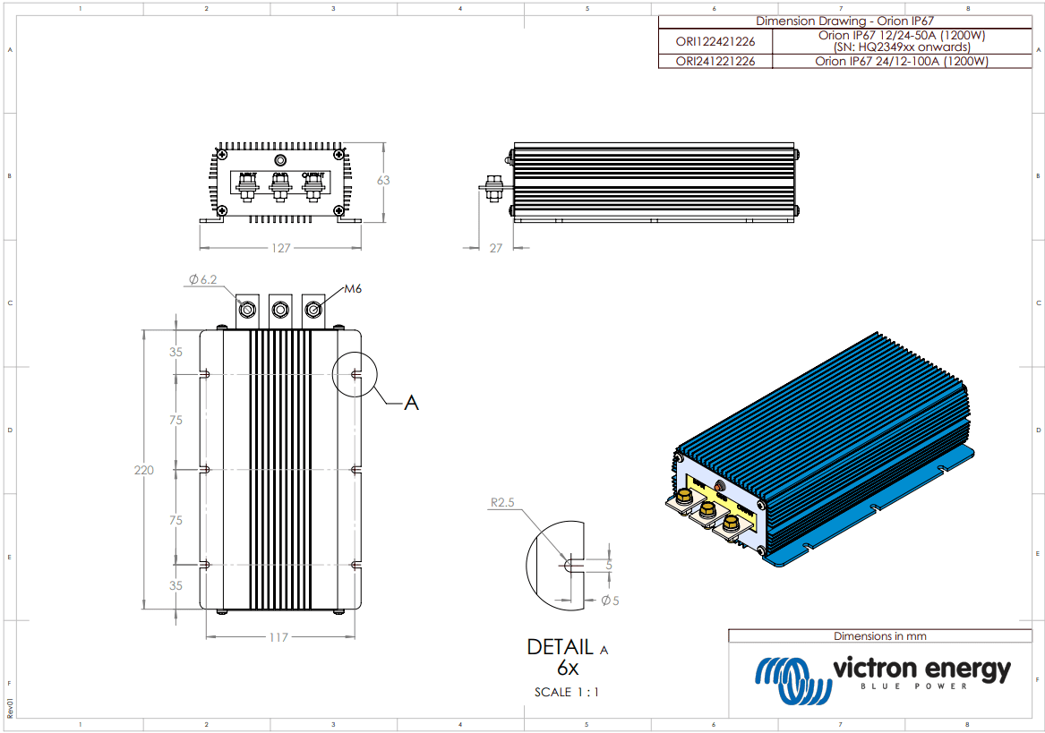Dimensional drawing of Orion IP67 24/12-100A converter with measurements in millimetres