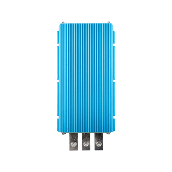 Top-down view of blue finned aluminium DC-DC converter with terminal lugs at the base