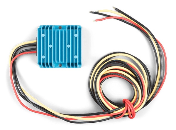 Top-down view of Victron Orion 24/12-10A IP67 DC-DC converter with integrated cooling fins and pre-wired cables