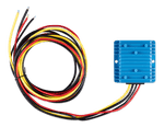 Top-down view of blue Victron Orion IP67 24/12-20 DC-DC converter with coiled cables
